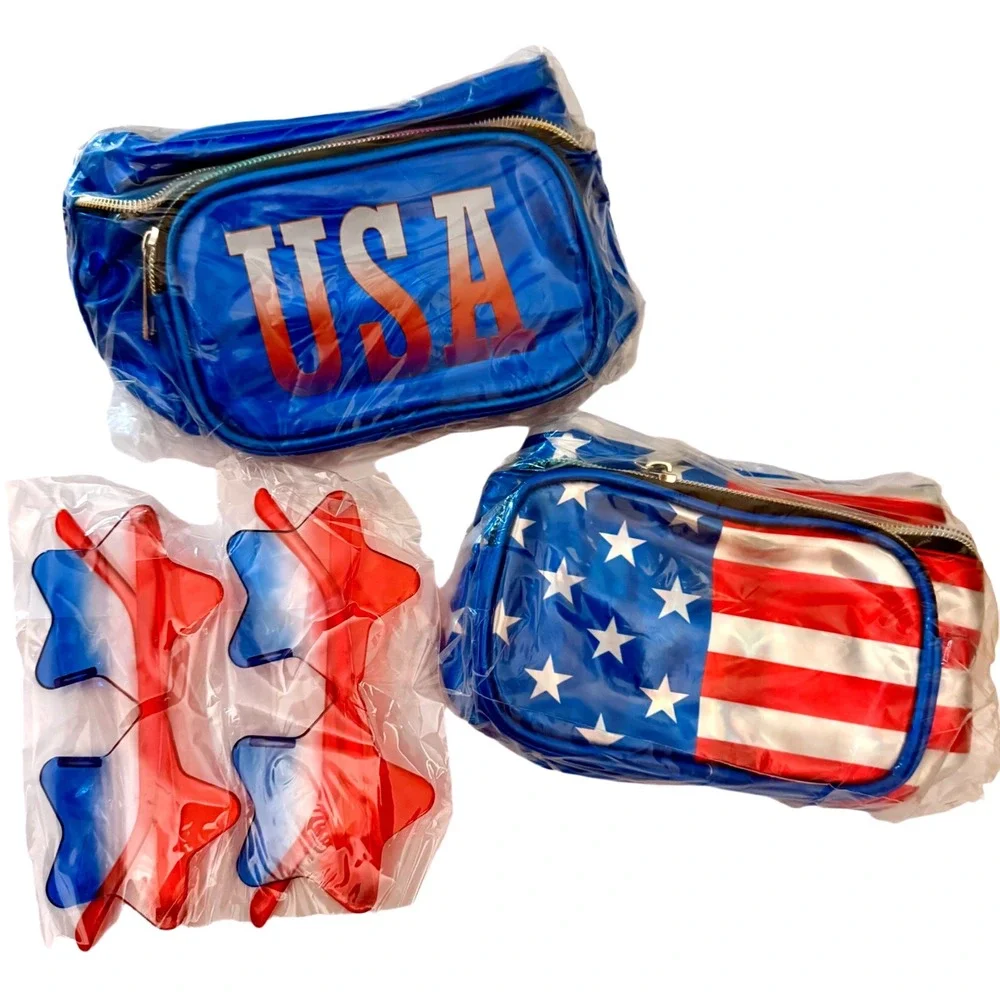 NWT 4pc USA Flag Fanny Packs & Star Sunglasses 4th of July Patriotic Set